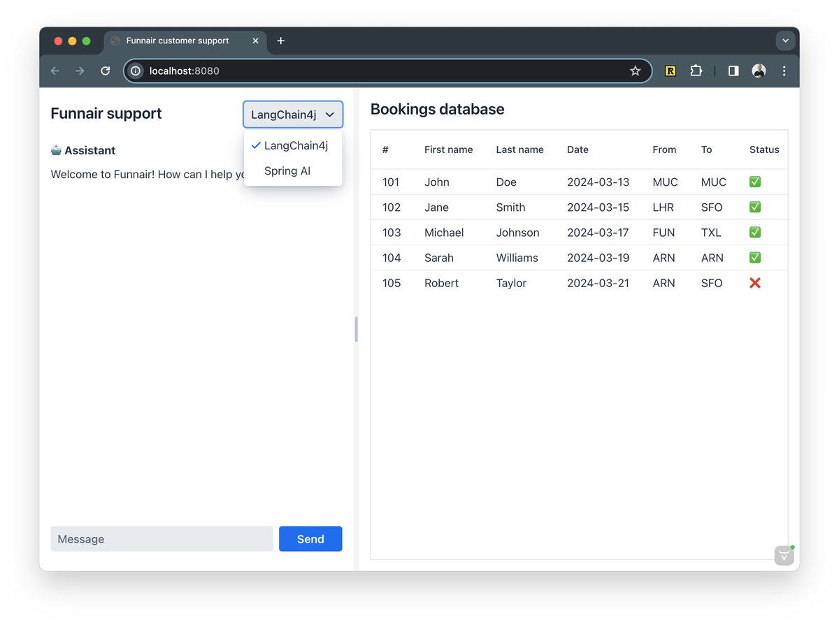 A browser window with a chatbot and a data grid displaying flight booking details