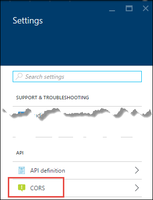Select CORS in Settings blade
