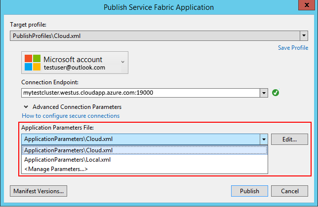 Choose a parameter file in the Publish dialog