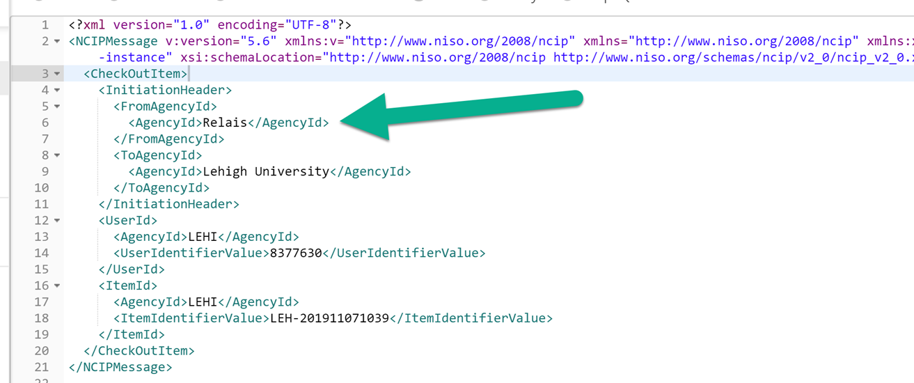 Illustrates NCIP message pointing out the agency ID