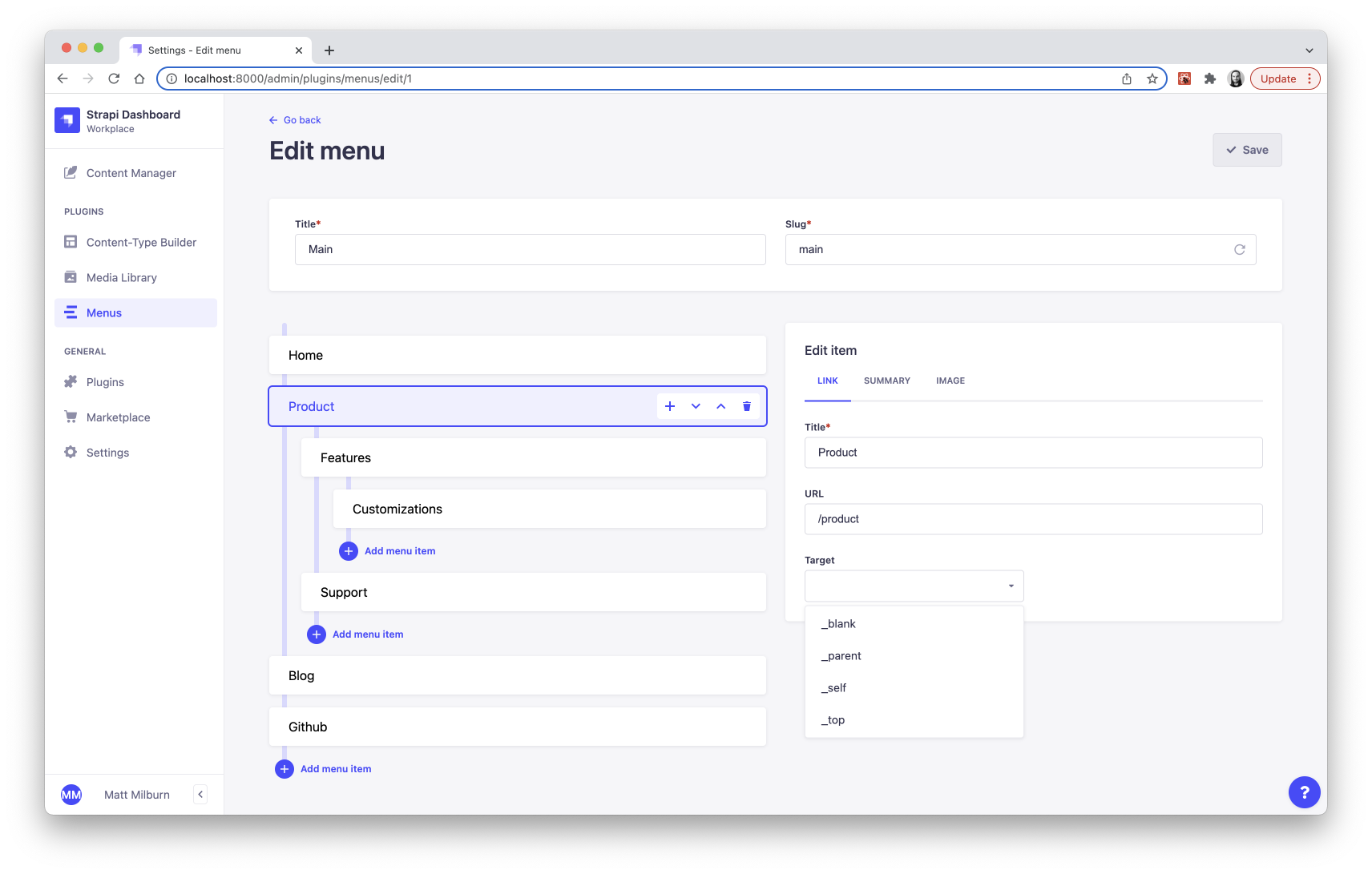 Screenshot for edit view of Strapi menus plugin