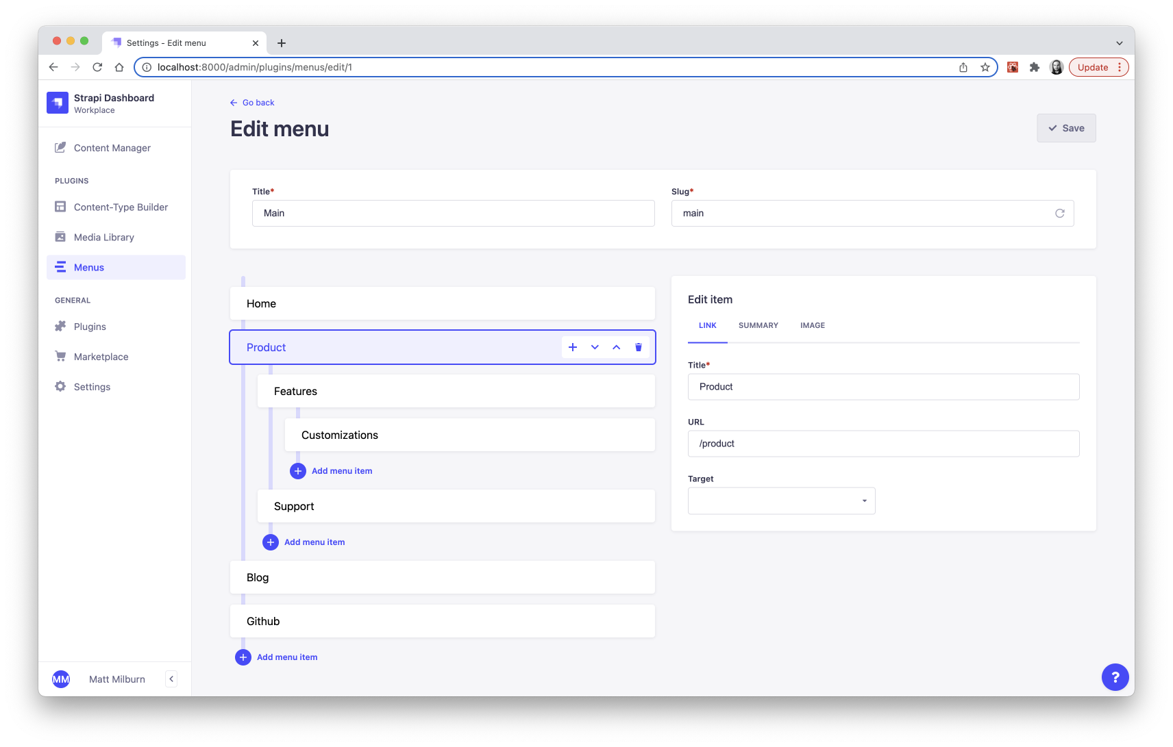 Screenshot for Strapi menus plugin