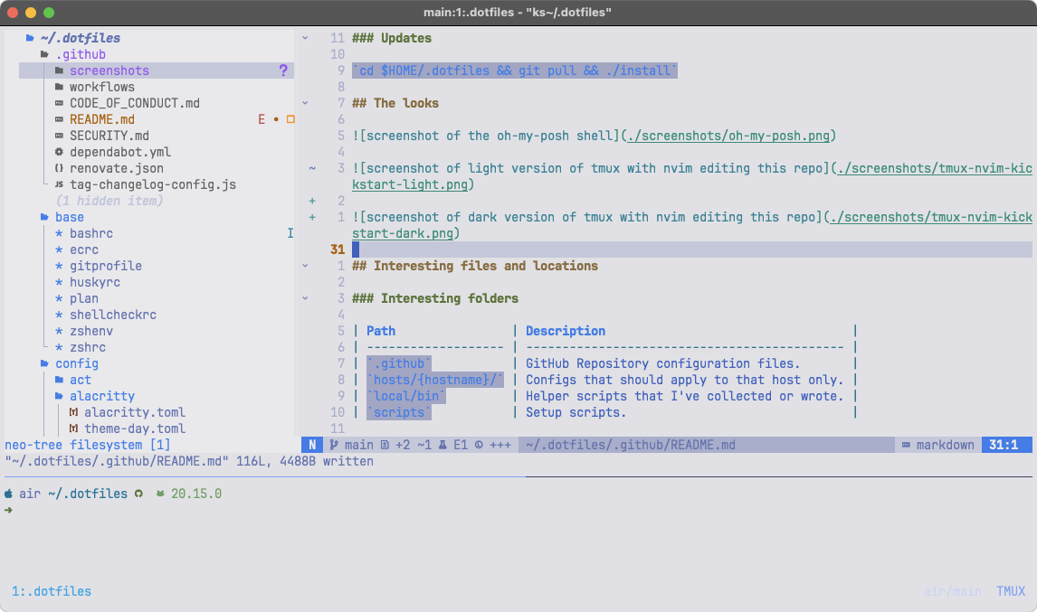 screenshot of light version of tmux with nvim editing this repository