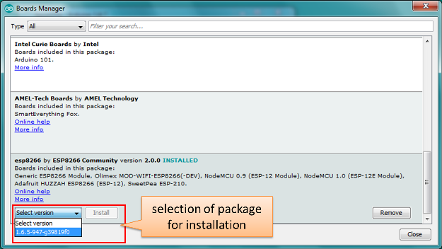 Selecion of ESP8266 package version