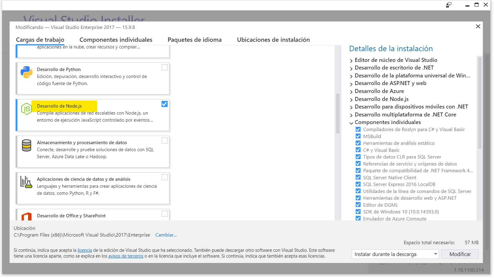 Node.js component in the installer of Visual Studio