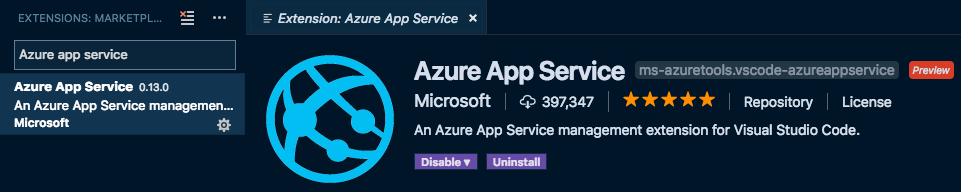 The Azure App Service extension in Visual Studio Code