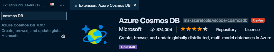 The Cosmos DB extension in Visual Studio Code