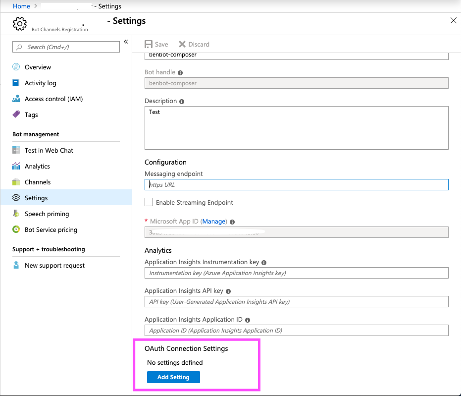 screenshot: oauth setting in Azure portal