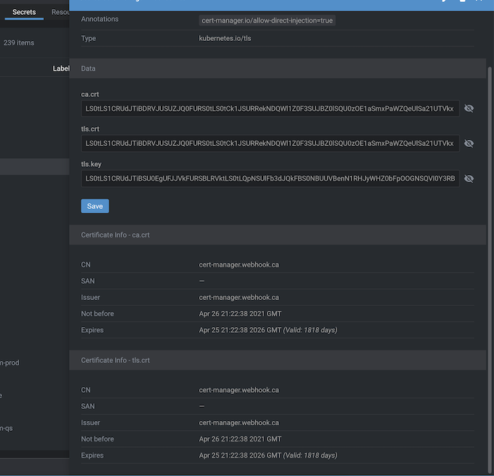 Certificate details in secrets overview