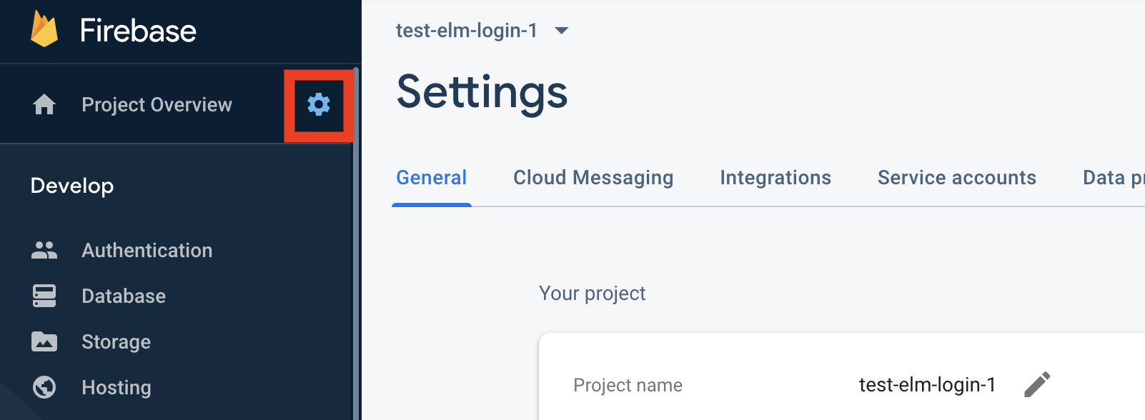 Settings page of Firebase project