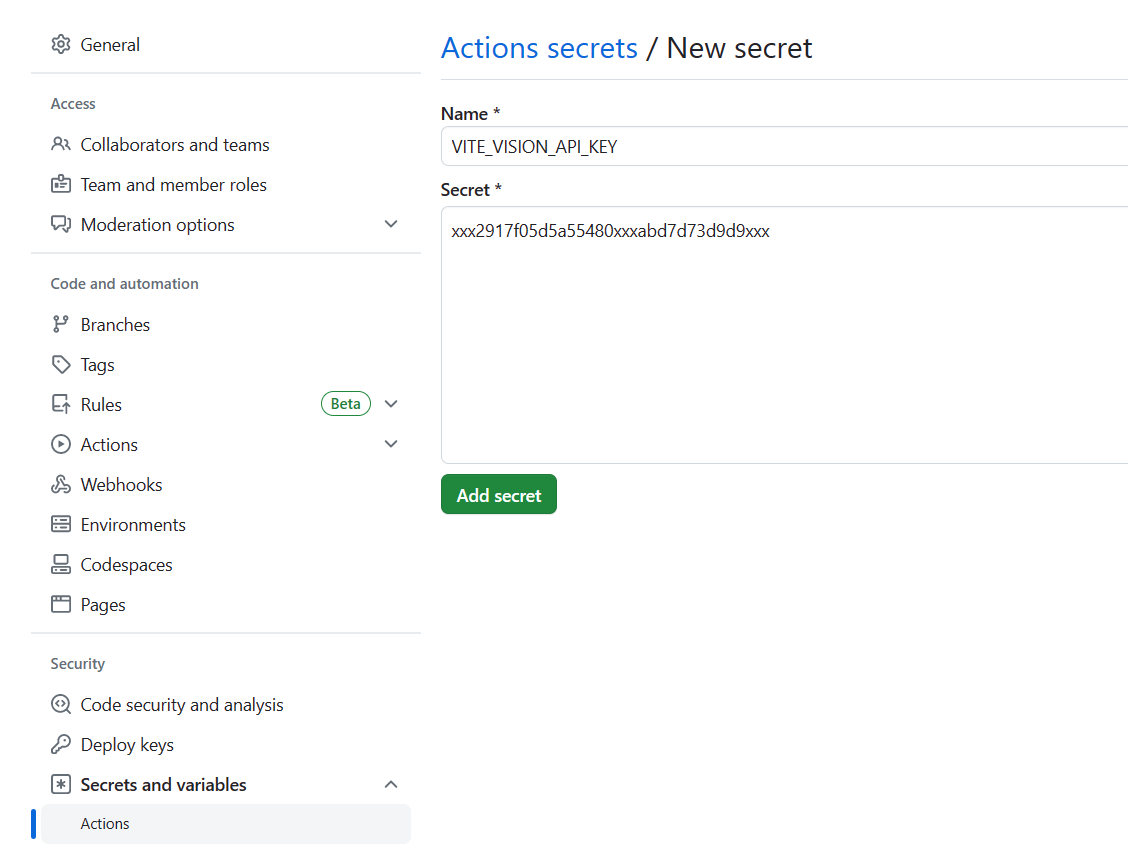 Screenshot of creating secret