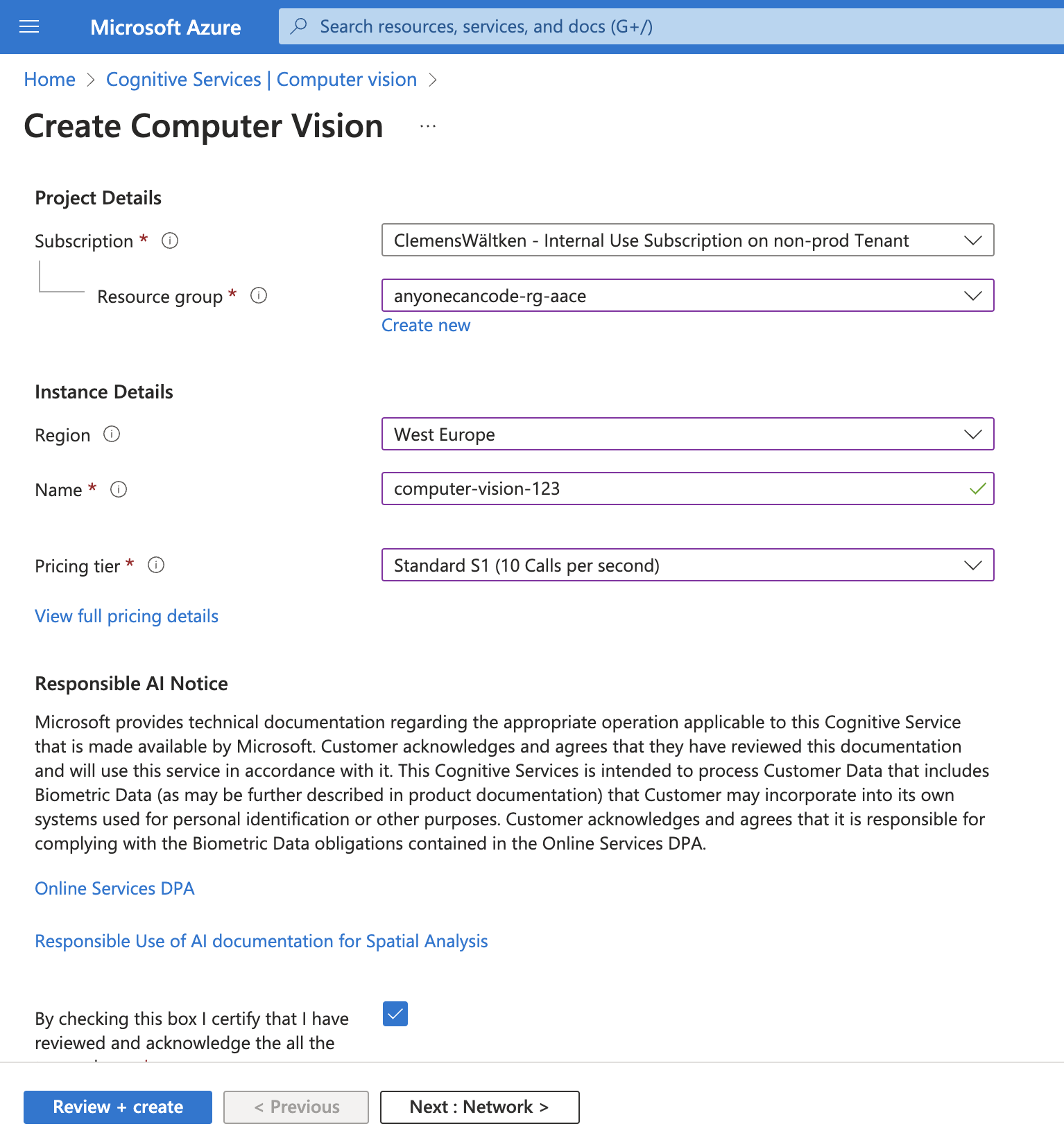 Screenshot of Azure Portal create page for vision service