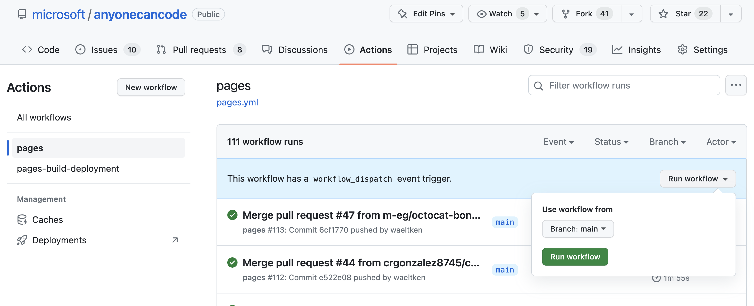 Screenshot of Actions page of github.com/microsoft/anyonecancode