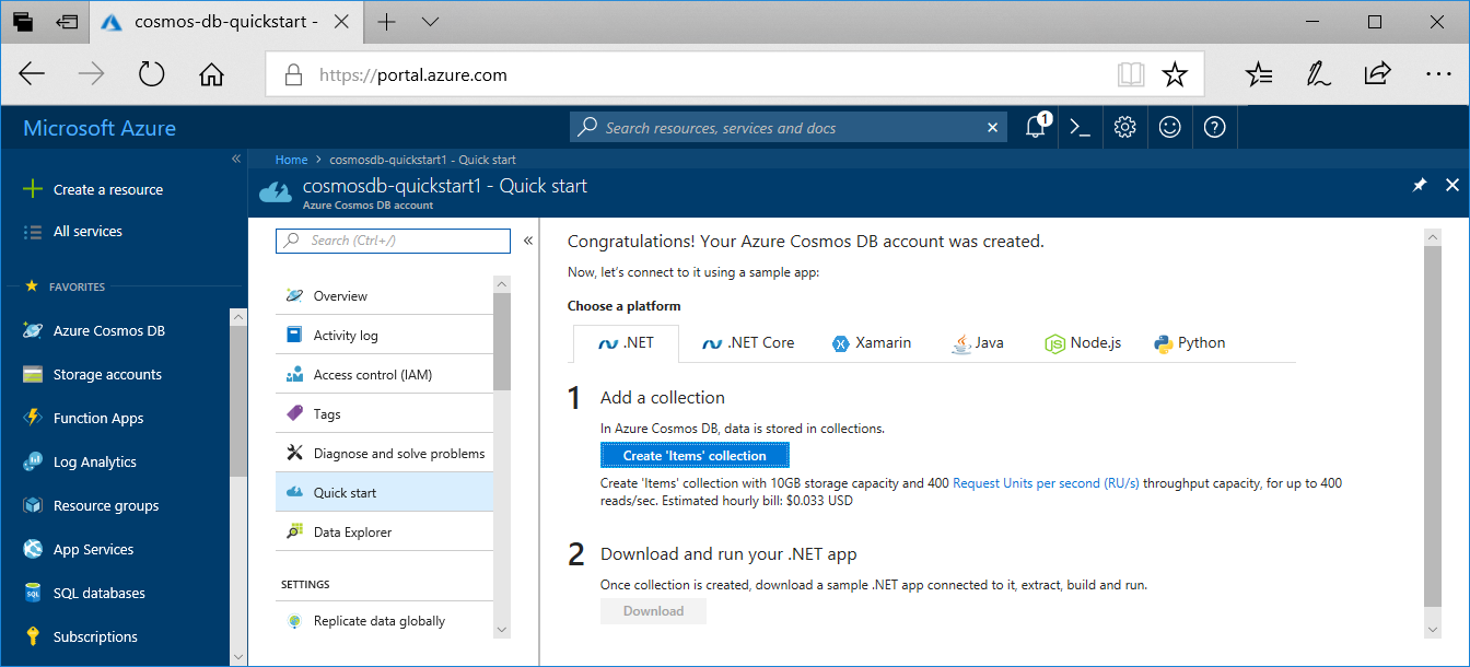 The Azure portal Notifications pane