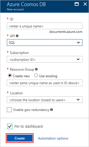 The new account page for Azure Cosmos DB