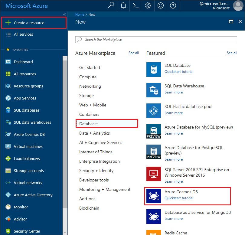 The Azure portal Databases pane