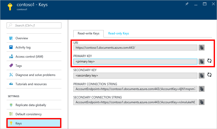 Screen shot of the Azure portal with the Keys button highlighted on the Azure Cosmos DB account page