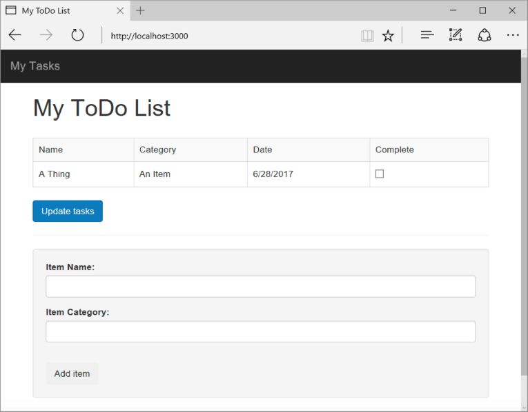 Screenshot of the application with a new item in the ToDo list