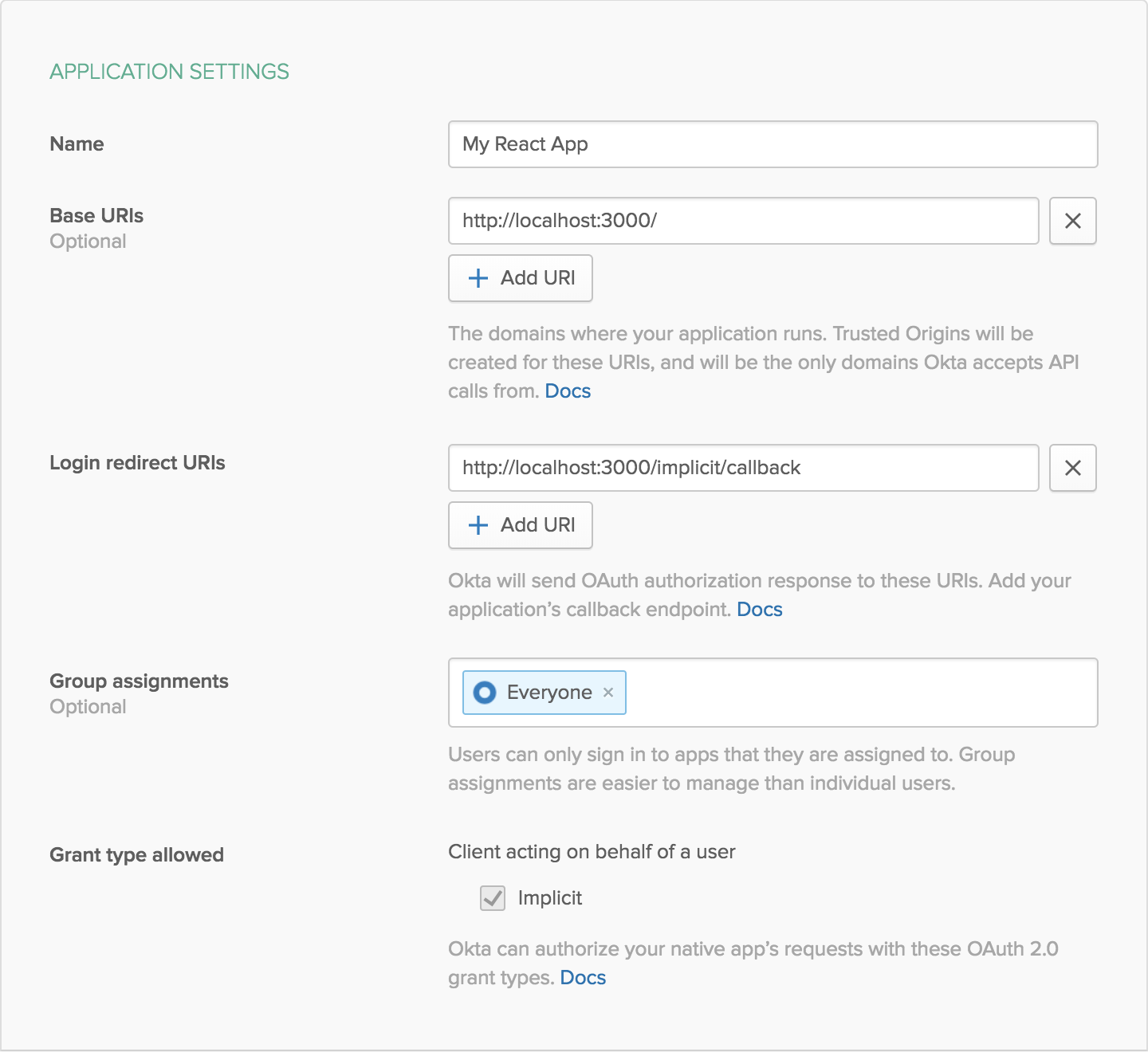 Okta Application Settings