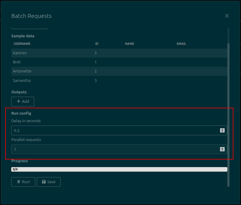 A screenshot with the extra settings marked. The settings are two numerical inputs titled "Delay in seconds" and "Parallel requests" respectively