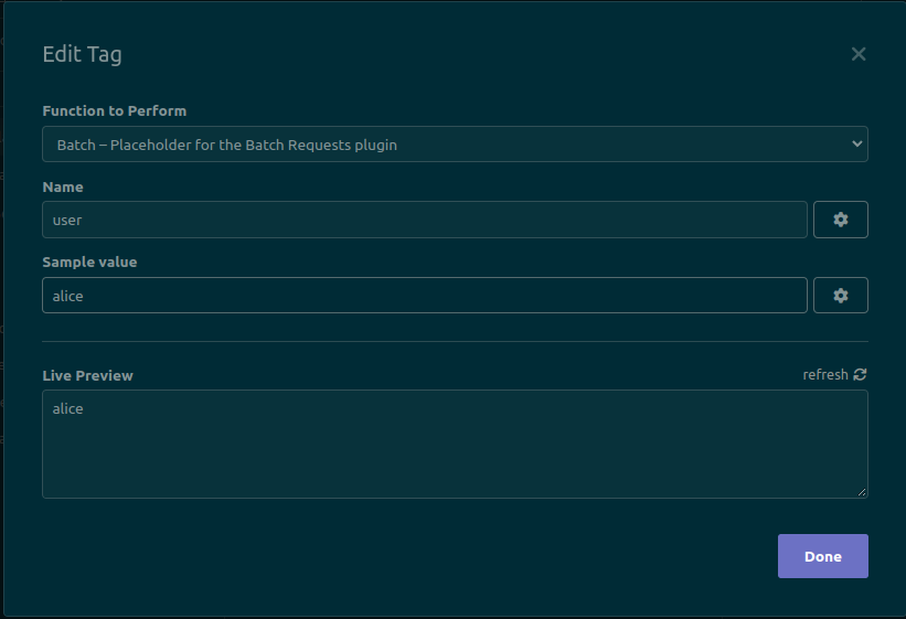 A screenshot showing the configuration UI for the template tag. It contains form fields to configure the column name that will be accessed from the CSV file, and a sample value that will be sent when manually sending the request