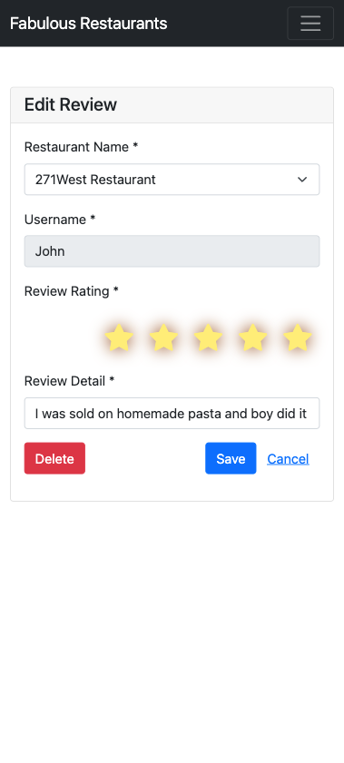 Fabulous Restaurant Screen Shot Mobile Review Add/Edit/Delete