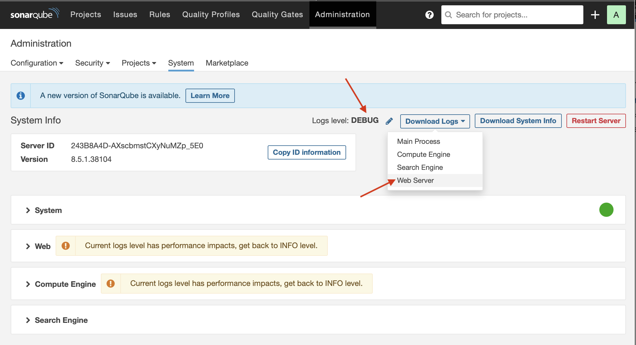 SonarQube System Logs