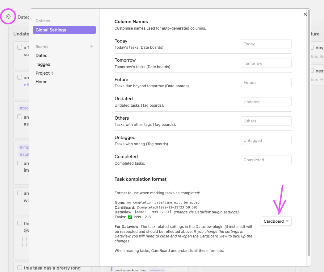 task completion format setting panel