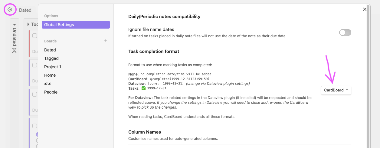 task completion format setting panel