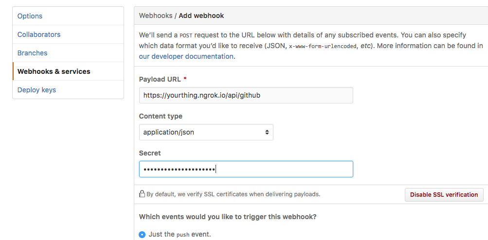 Image of the settings page on GitHub