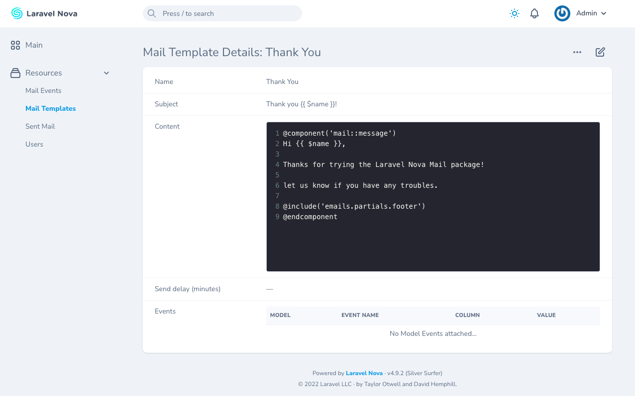 screenshot of the create mail template