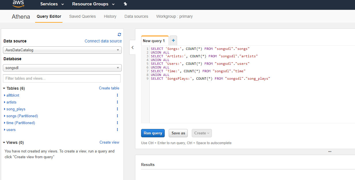 Athena - setup table count queries