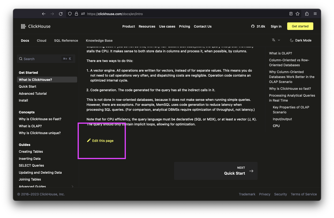 The ClickHouse Docs website with the edit button highlighted.
