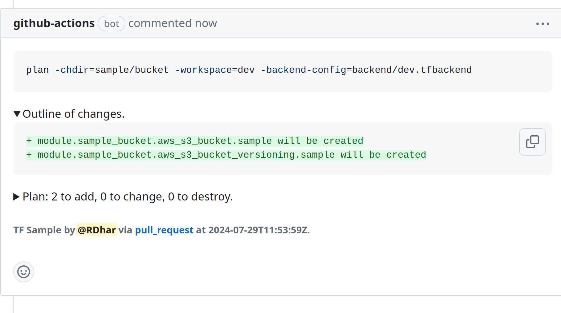 Screenshot of PR comment example with multiple command arguments.