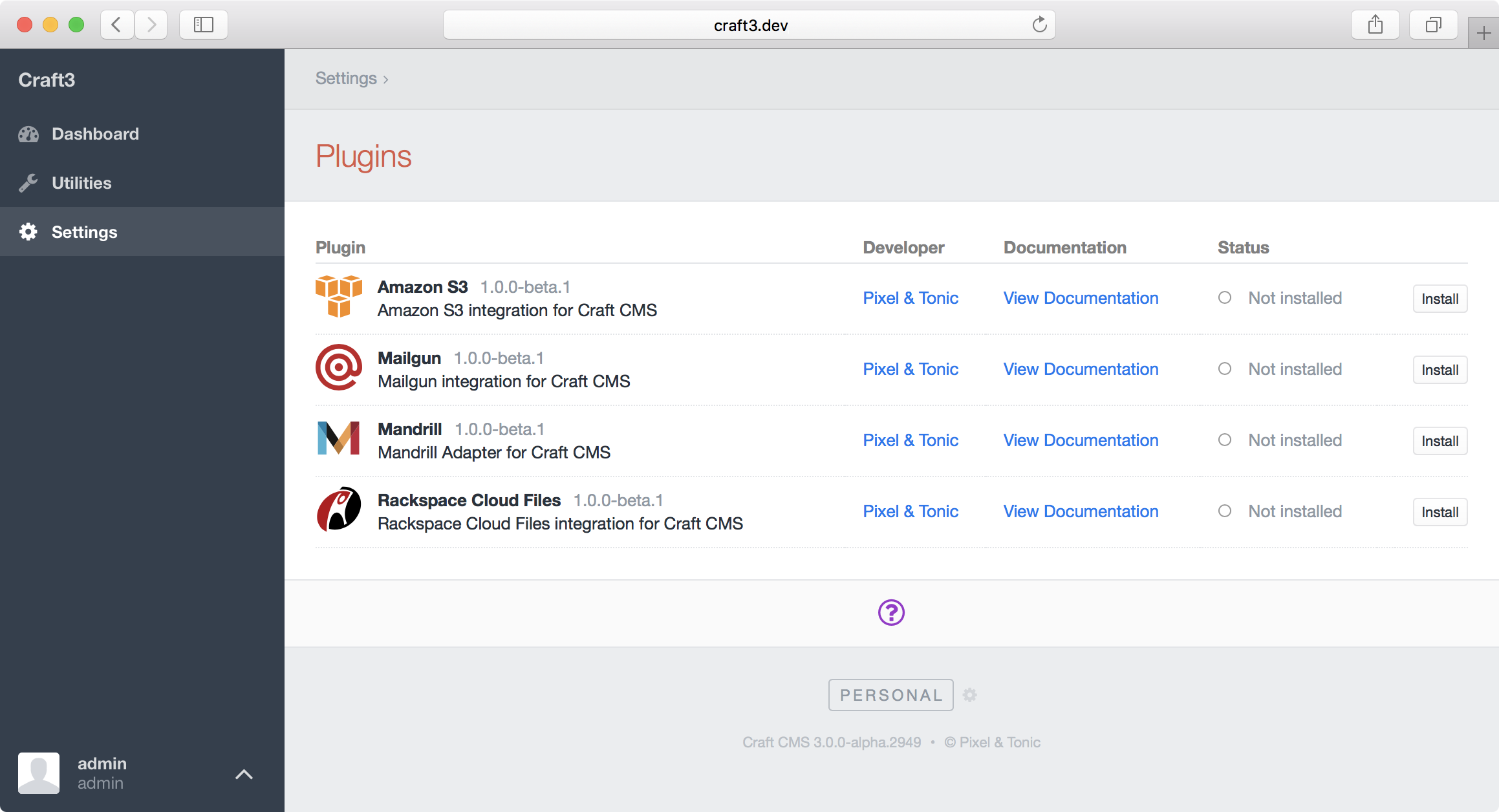 The Settings → Plugins page in Craft’s Control Panel.