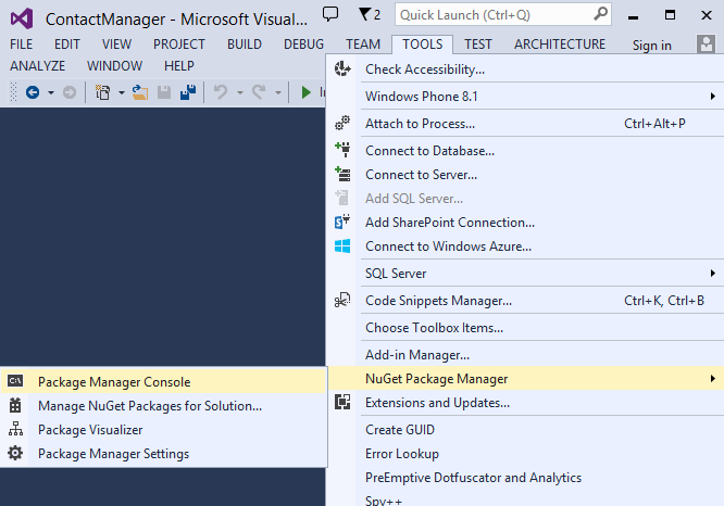 Package Manager Console in Tools menu