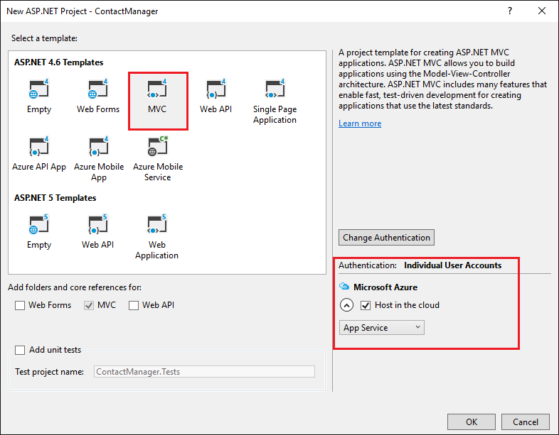 New ASP.NET Project dialog box