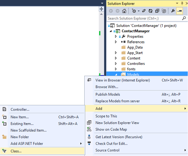 Add Class in Models folder context menu