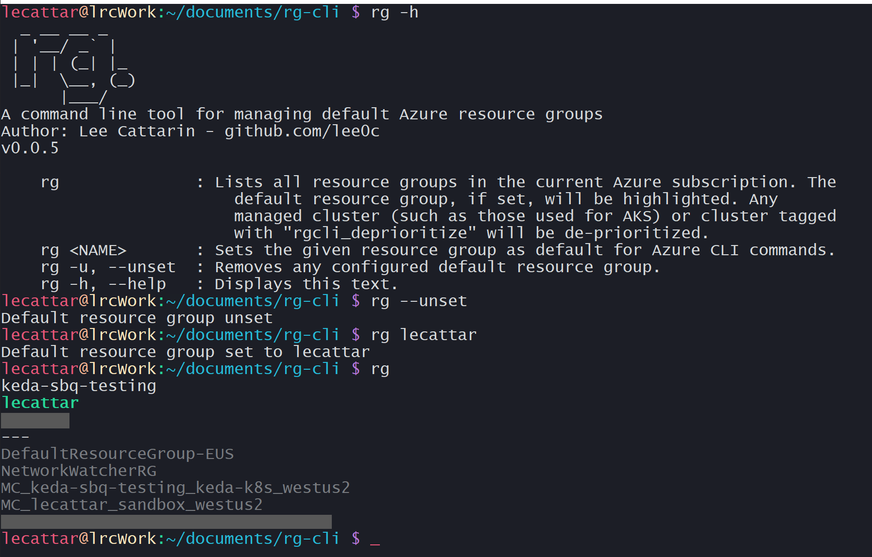 screen capture of a terminal showing sample rg commands: the help text, unsetting the default resource group, setting the default resource group and listing resource groups with the default highlighted