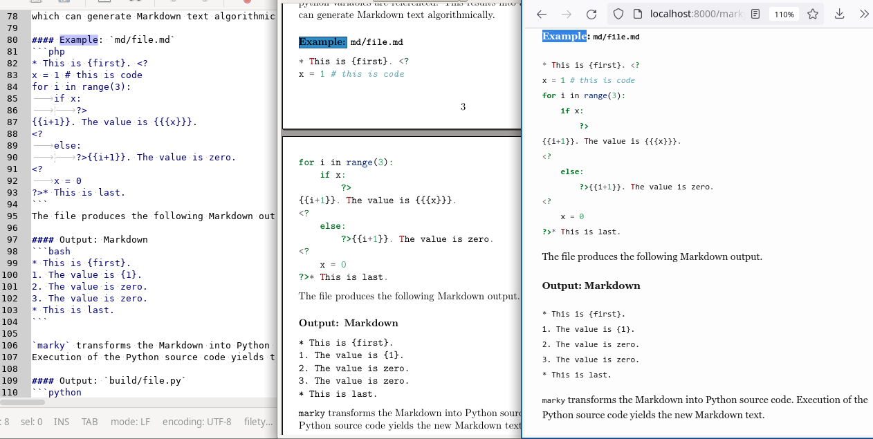 Left: Marky Markdown, rendered in Middle: PDF and Right: HTML