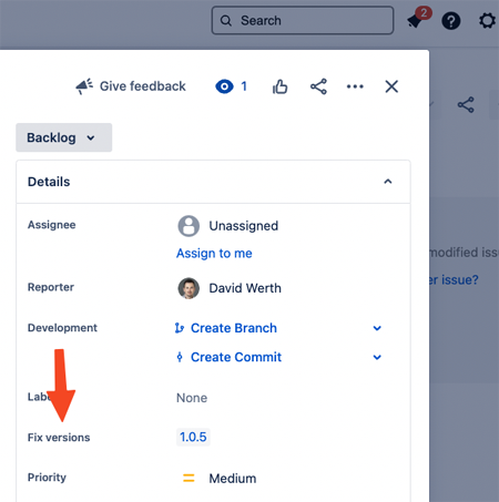 Screenshot of a Jira Cloud issue with fix version