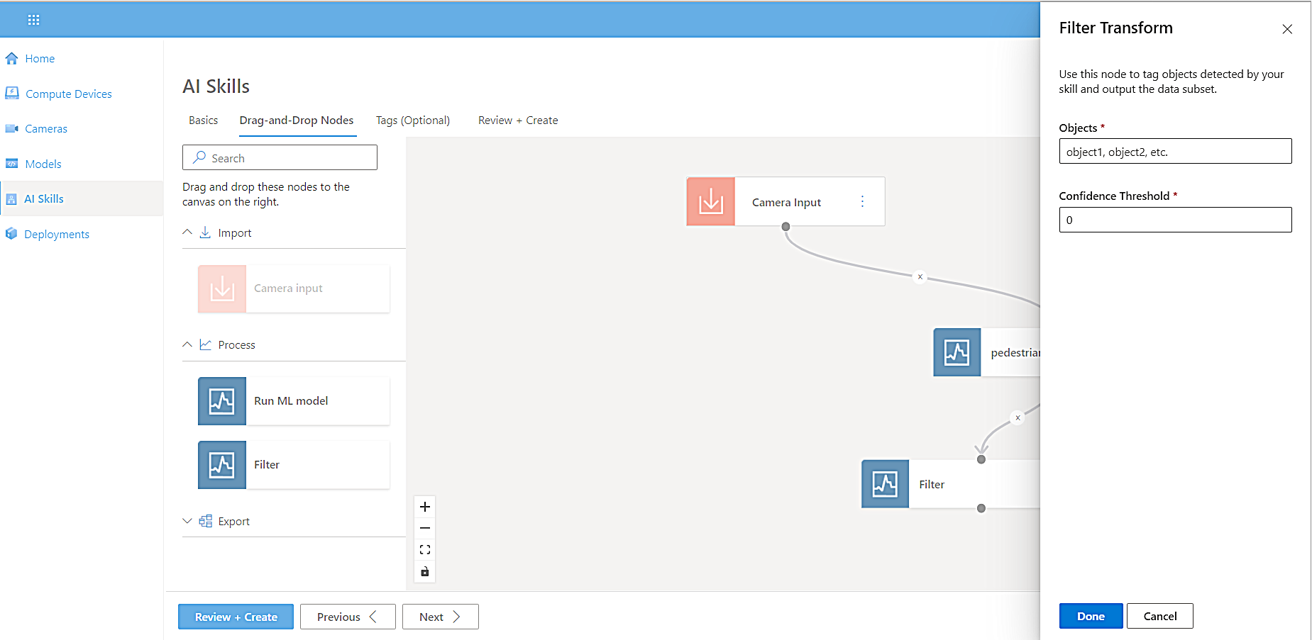 Screenshot of Drag-and-Drop Nodes tab displaying model properties box