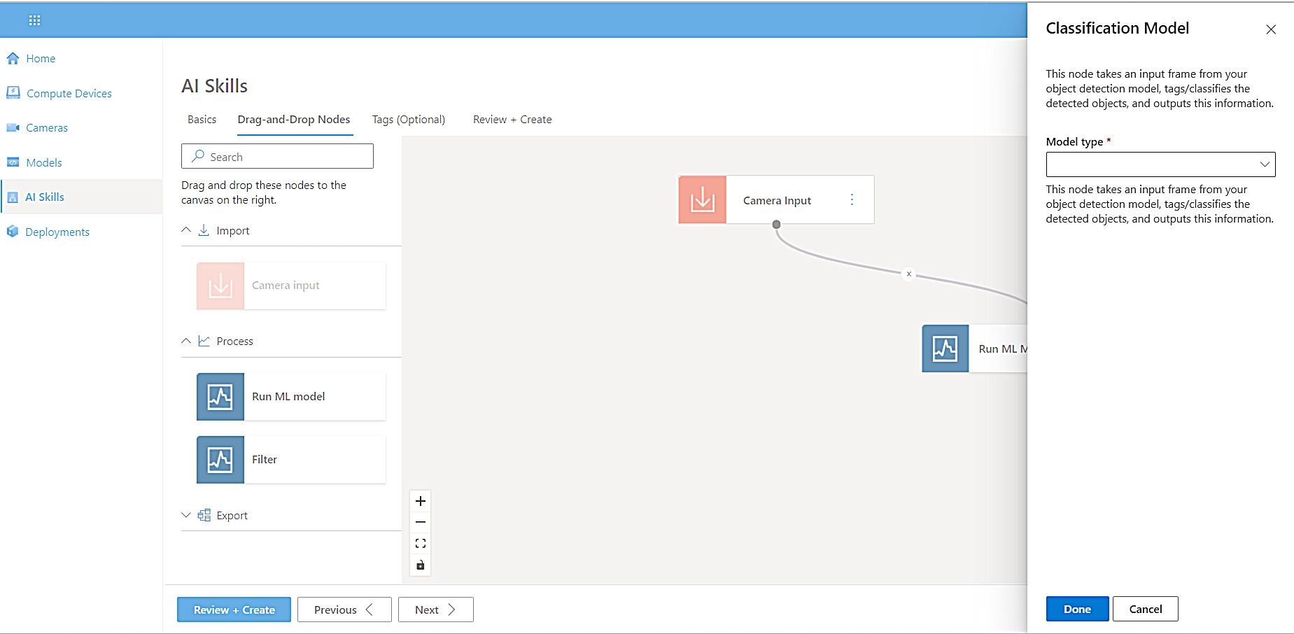 Screenshot of Drag-and-Drop Nodes tab displaying the Classification Model properties box