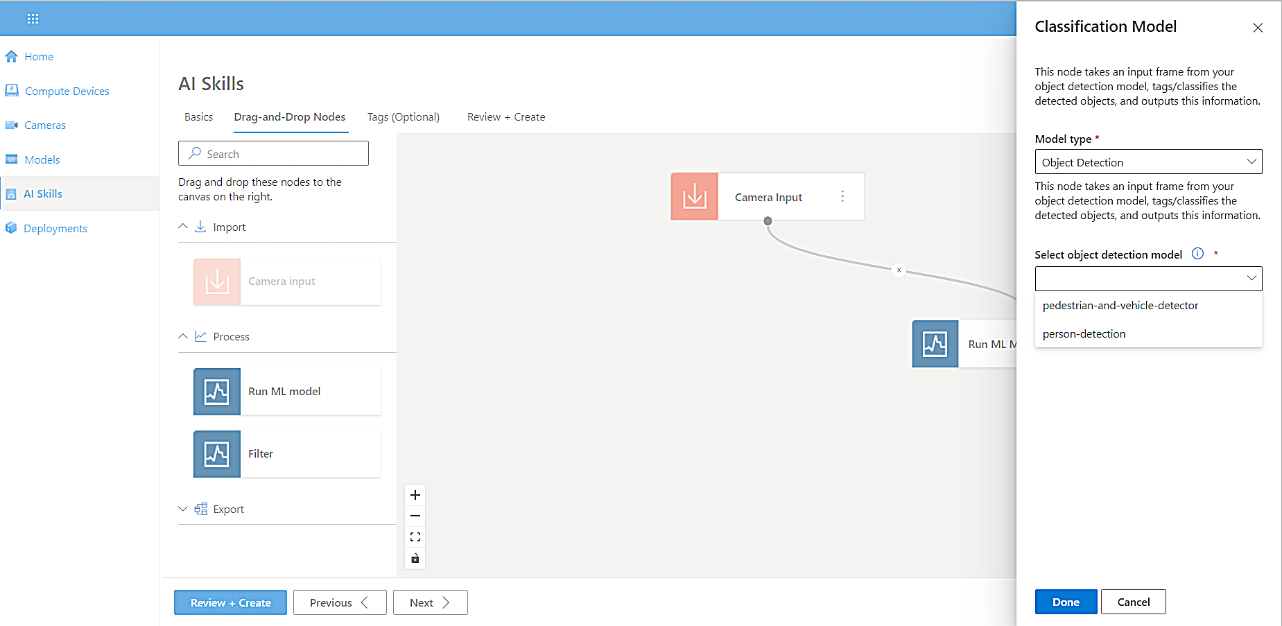 Screenshot of the Classification Model properties box displaying the Select object detection model dropdown list