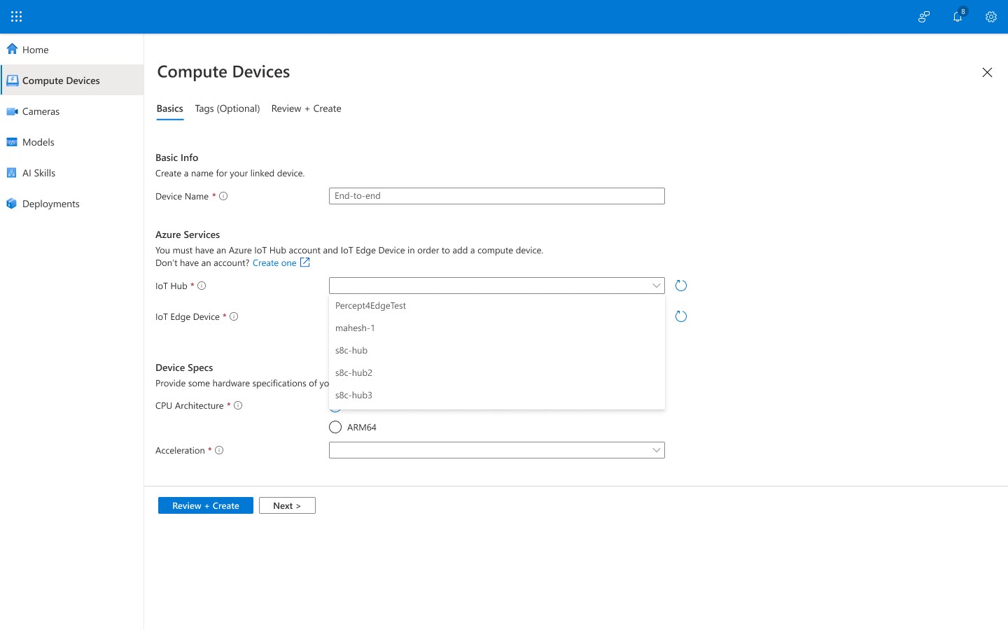 Screenshot of Basics tab displaying IoT Hub names