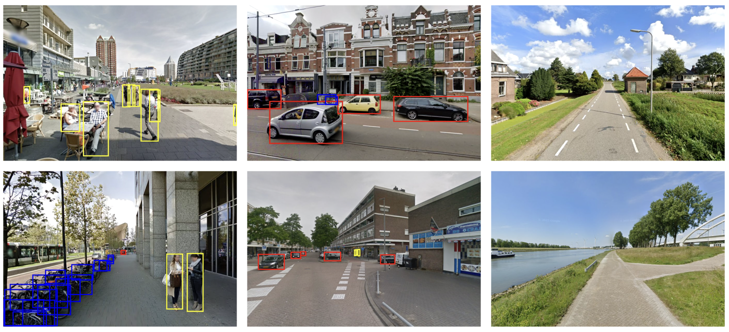 Visual representation of our Object Detection results, showcasing bounding boxes highlighting People (yellow), Cars (red), and Bicycles (blue).