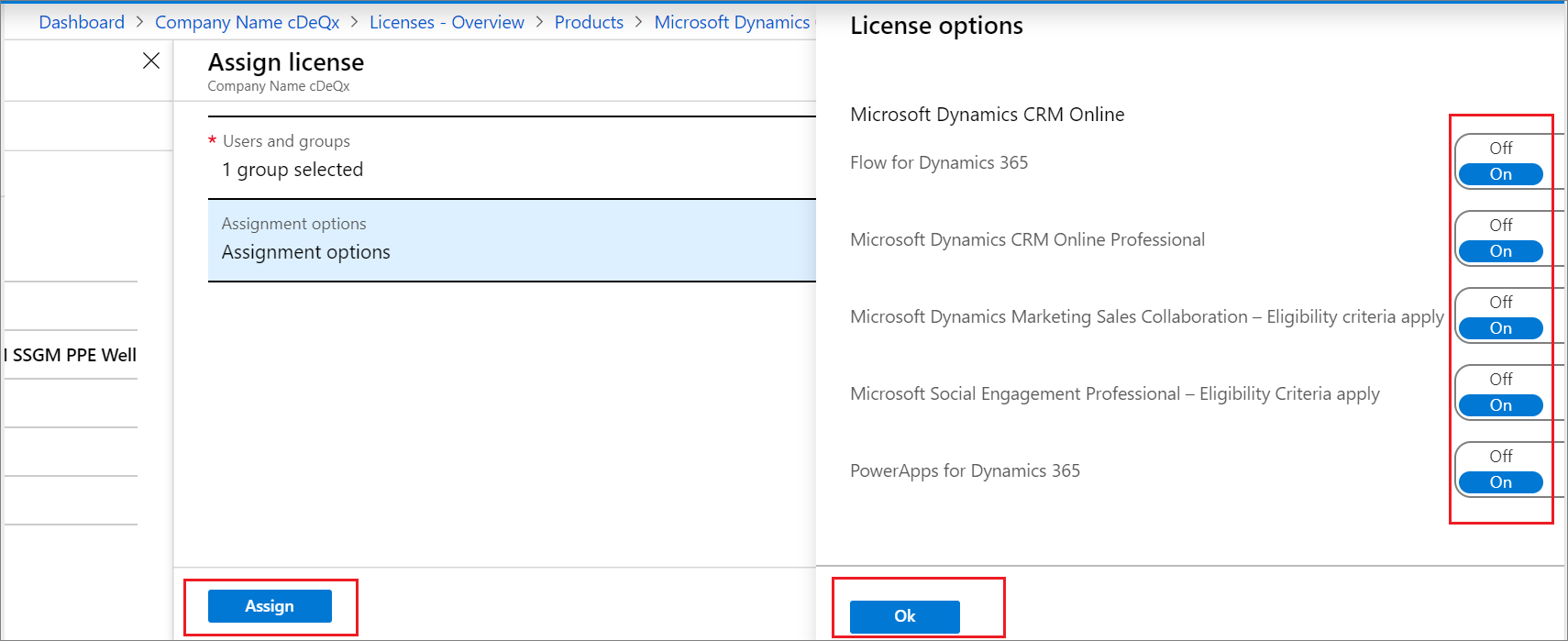 License option page, with all options available in the license plan 2