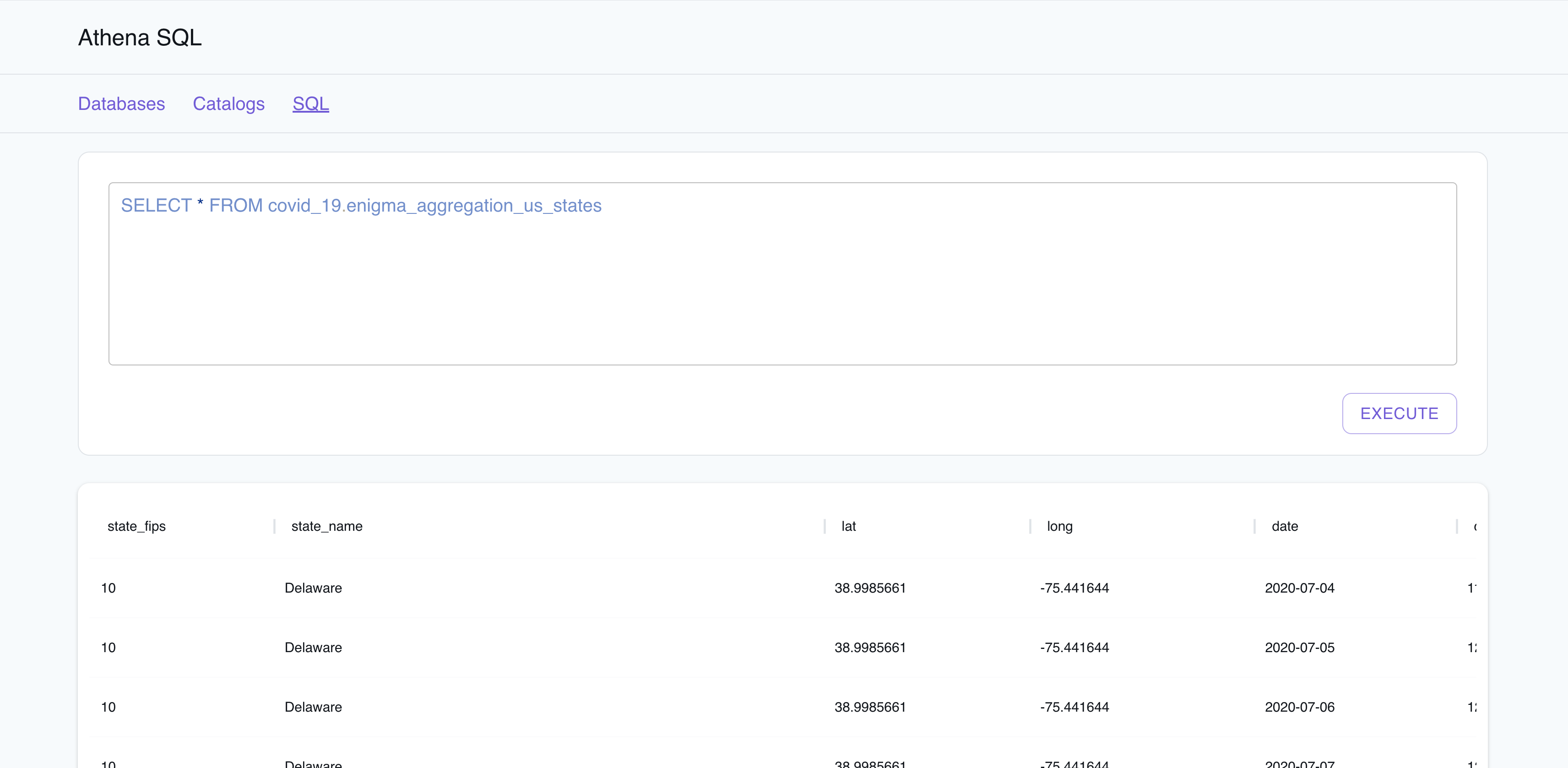 Results of the query in the Athena SQL viewer for aggregated COVID test data and cases