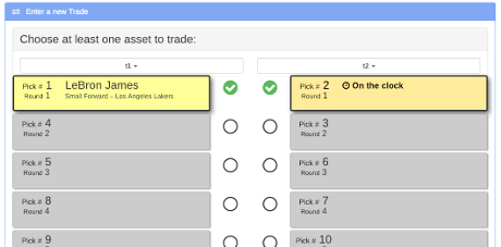 The trade entry screen showing two teams selected and one asset selected for each