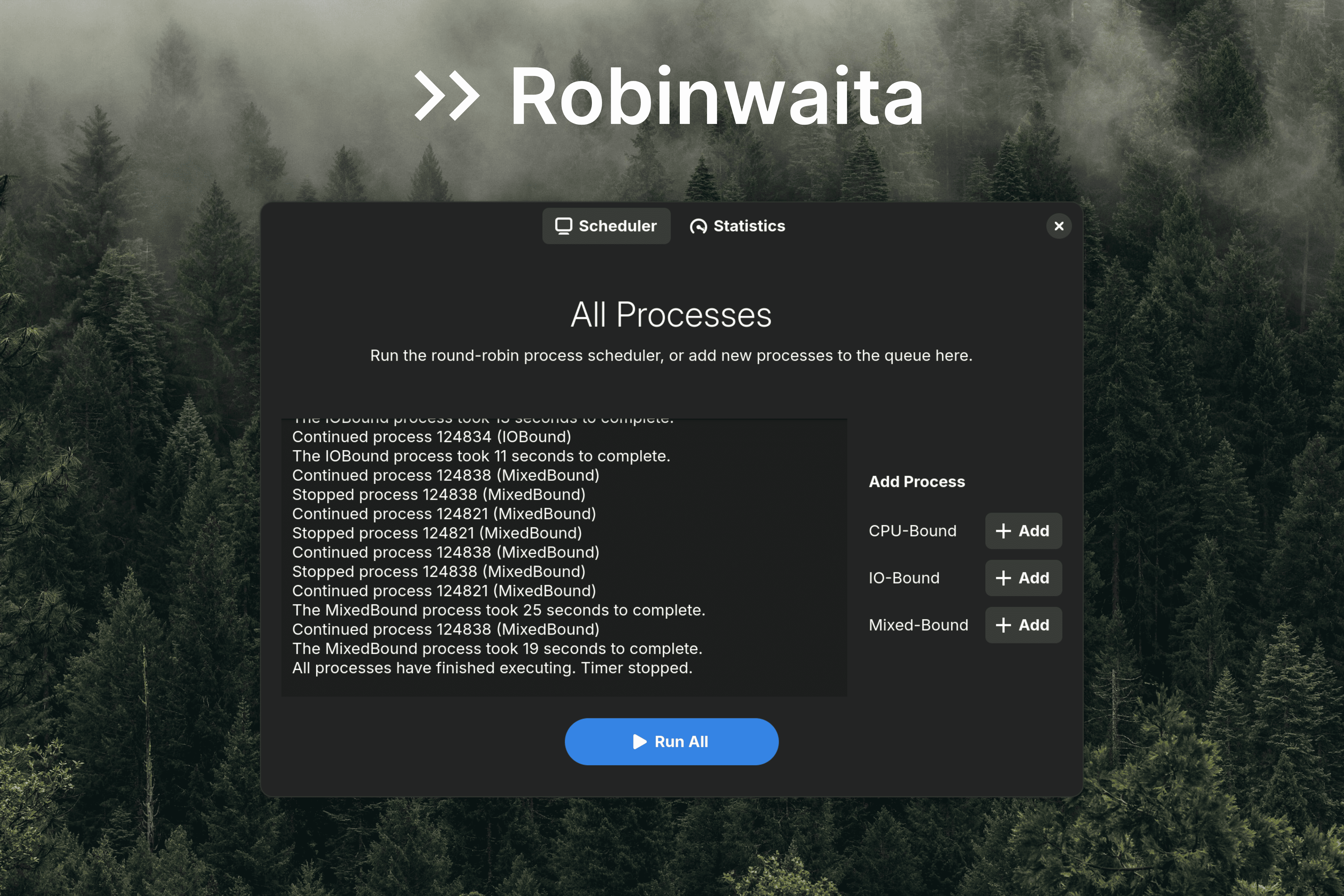 A screenshot of Robinwaita having completed process scheduling